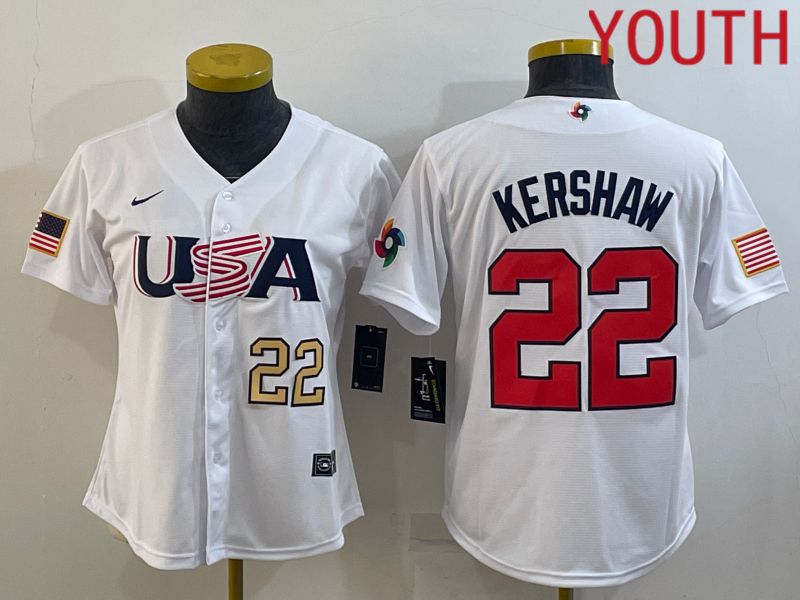 Youth 2023 World Cub USA #22 Kershaw White MLB Jersey7->youth mlb jersey->Youth Jersey